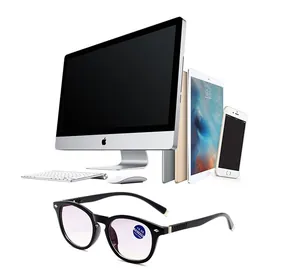 Close-up of black frame bifocal reading glasses with anti-blue light coating and +4.00 lenses
