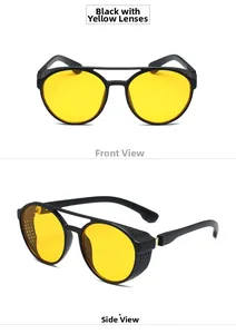 Detailed views of matte black punk sunglasses featuring yellow lenses and side shield vents