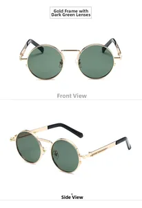 Detail view of gold metal frame sunglasses with dark green lenses and spring hinge