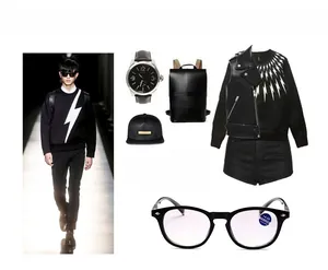 Fashionable men outfit featuring black lightning print sweater and +4.00 reading glasses