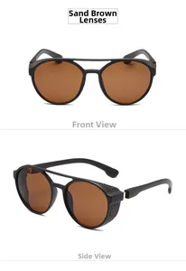 Detailed front and side views of vintage round punk sunglasses with sand tea lenses