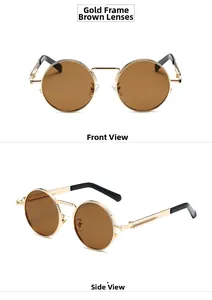 Detail view of round steampunk sunglasses with gold metal frame and brown lenses