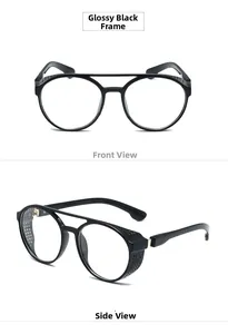 Glossy black steampunk round sunglasses featuring retro side shields and clear lenses