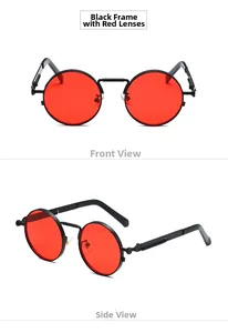 Steampunk round sunglasses with black metal frame and red lenses in front and side views