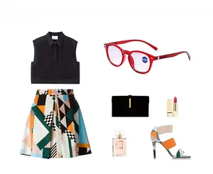 Red full-frame bifocal glasses styled with fashion apparel and chic accessories