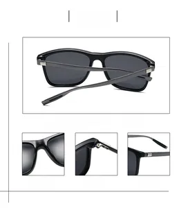Detail view of square polarized sunglasses featuring metal hinges and matte gray temples