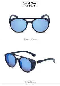 Detailed front and side view of matte blue steampunk sunglasses with blue mirrored lenses