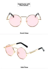 Detail view of pink lens steampunk sunglasses with golden metal spring temples