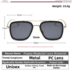 Size chart for square metal polarized sunglasses showing dimensions and weights