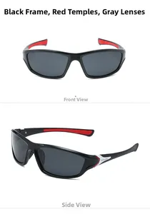 Vue avant et latérale des lunettes de soleil de sport polarisées noires aux branches rouges