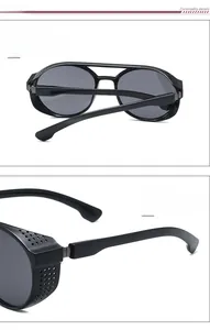 Detail of steampunk round sunglasses with metal side shields and industrial bridge