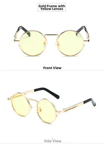 Detailed front and side views of vintage round gold metal sunglasses with yellow lenses