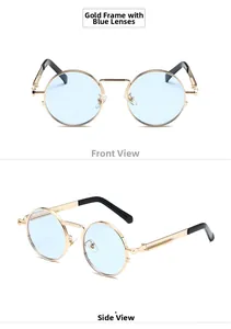 Detail of vintage round sunglasses featuring gold metal frame and light blue lenses