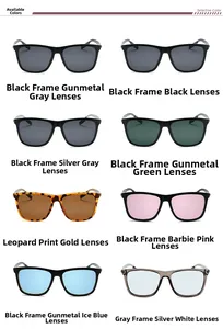 Grid view showcasing 8 color options for square polarized sunglasses with metal temples