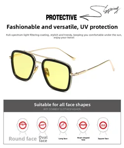 Close-up of retro square sunglasses with gold metal temples and double bridge frame