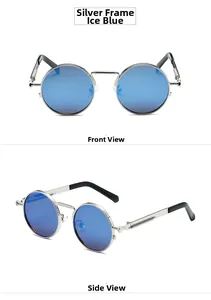 Retro steampunk round sunglasses with silver metal frame and ice blue lenses detail