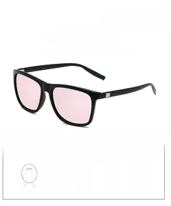 Detailed close-up of rectangular black sunglasses featuring protective pink tinted lenses