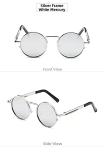 Front and side views of silver steampunk sunglasses with reflective mirror lenses