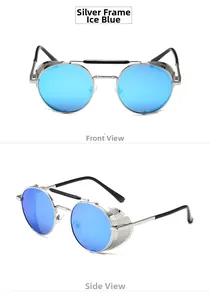 Dettagli di occhiali steampunk argento con lenti blu ghiaccio e protezioni laterali