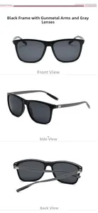 Three-view detail of polarized square sunglasses with black frames and gunmetal temples