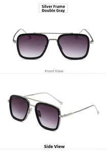 Front and side view of silver metal square polarized sunglasses with gradient lenses
