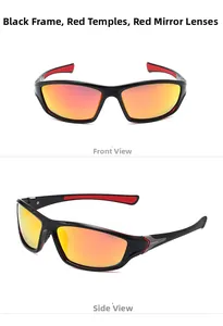 Lunettes de soleil sport polarisées avec monture noire et verres rouges sous deux angles