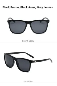 Close-up of square black polarized sunglasses with gray lenses from front and side angles