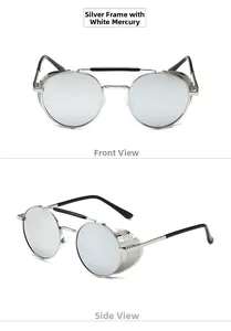 Dettagli di occhiali steampunk argento con protezioni laterali in metallo e lenti specchiate