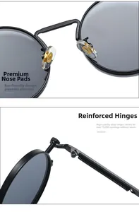 Detail of eco-friendly nose pads and reinforced spring hinges on round metal sunglasses