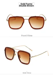 Front and side views of gold frame square aviator sunglasses with brown gradient lenses