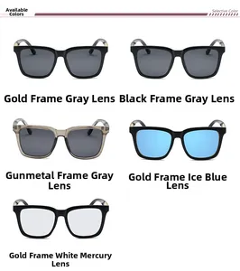 Detailed grid view showing five polarized square sunglasses in assorted frame and lens colors