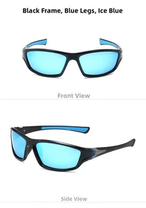 Gros plan de lunettes de soleil de sport polarisées avec monture noire et verres bleu glace