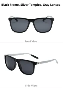 Front and side views of square polarized sunglasses with black frames and silver temples