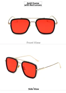Close-up of classic aviator sunglasses with gold metal frame and vibrant red lenses