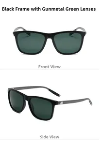 Detail view of square polarized sunglasses with black frames and dark green lenses
