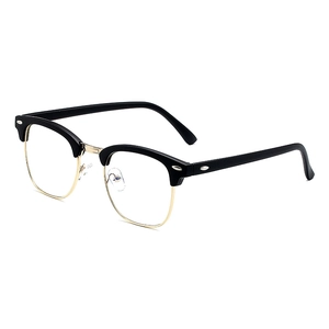 Classic half-frame retro eyeglasses in black and gold finish with blue light protection