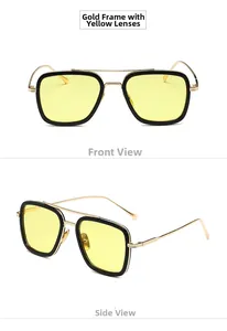 Front and side view of gold frame pilot sunglasses with vibrant yellow polarized lenses