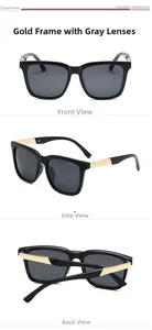 Detail view of square polarized sunglasses with gold metal temples and gray lenses