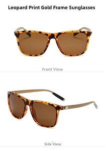 Detailed views of leopard print sunglasses with golden metal temples and brown lenses