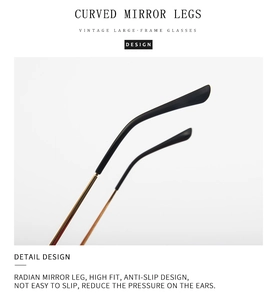 Detail of curved gold metal temples with anti-slip black tips on trendy sunglasses