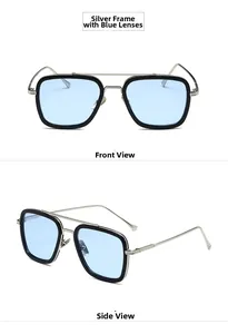 Front and side views of silver metal square sunglasses with light blue polarized lenses