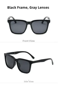 Front and side view details of classic black square polarized sunglasses with grey lenses