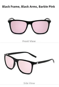 Front and side views of square polarized sunglasses with black frames and pink lenses