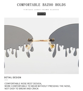 Detail of tear-shaped gradient grey lenses with golden accents and soft nose pads