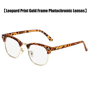 Classic leopard and gold half-frame Clubmaster glasses with photochromic lenses