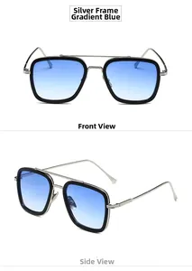 Detail of silver square frame sunglasses with blue gradient lenses and double bridge