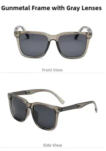 Detailed views of gray polarized sunglasses with square gunmetal frames and temples