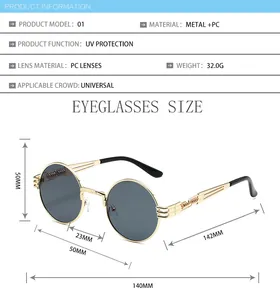 Size chart for steampunk sunglasses with metal spring temples and dimensions in mm