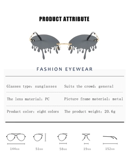 Detailed size chart for teardrop-shaped rimless sunglasses with metal frame and PC lenses
