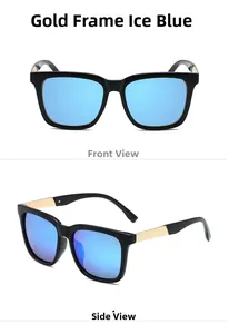 Polarized square sunglasses featuring gold temples and ice blue mirrored lenses in two views